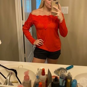 Red off-the-shoulder blouse!